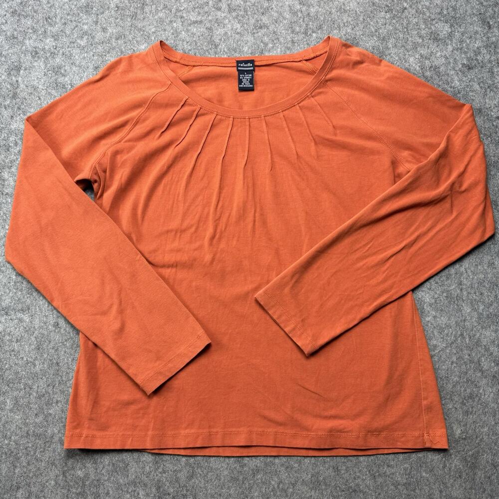 Rafaella Shirt Womens Large Orange Pleated Scoop Neck Long Sleeve Jersey Top